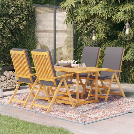 Five Piece Teak Patio Dining Set with Gray Cushions-0