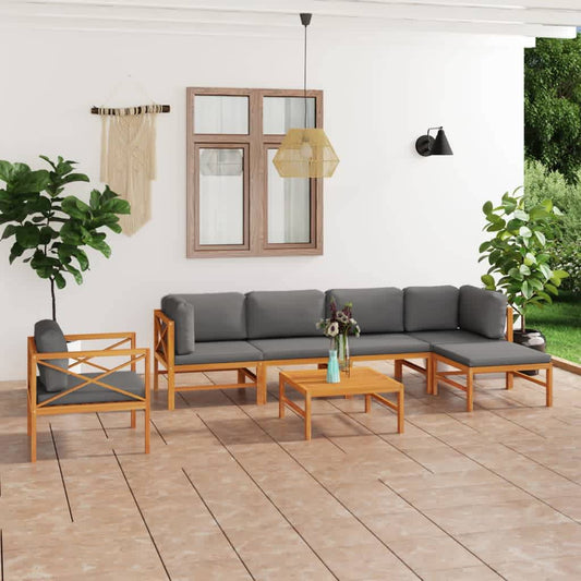 Seven Piece Teak Patio Lounge Set with Gray Cushions-0