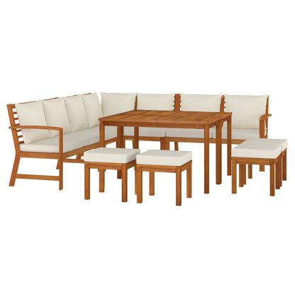 Eleven Piece Acacia Patio Dining Set with White Cushions-1