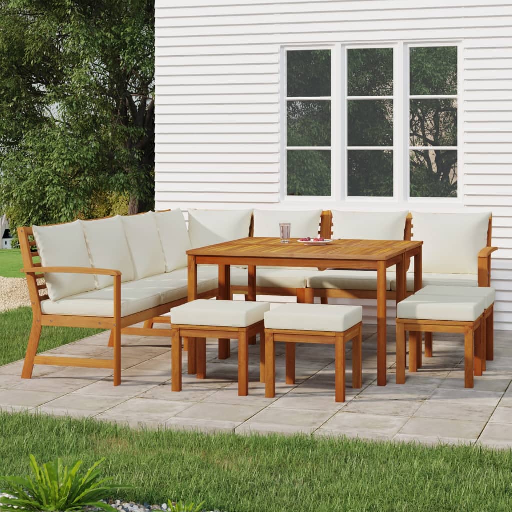 Eleven Piece Acacia Patio Dining Set with White Cushions-0