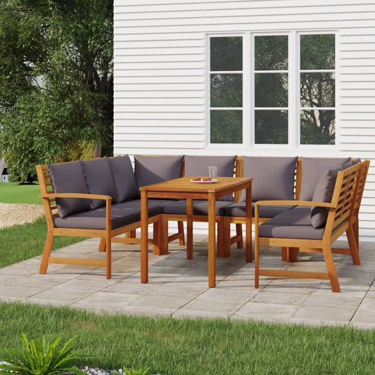 Seven Piece Acacia Patio Dining Set with Grey Cushions-0