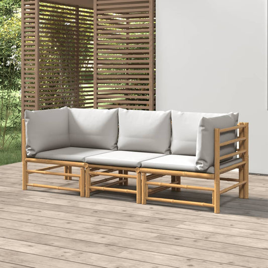 Three Piece Bamboo Patio Lounge Set with Light Gray Cushions-0