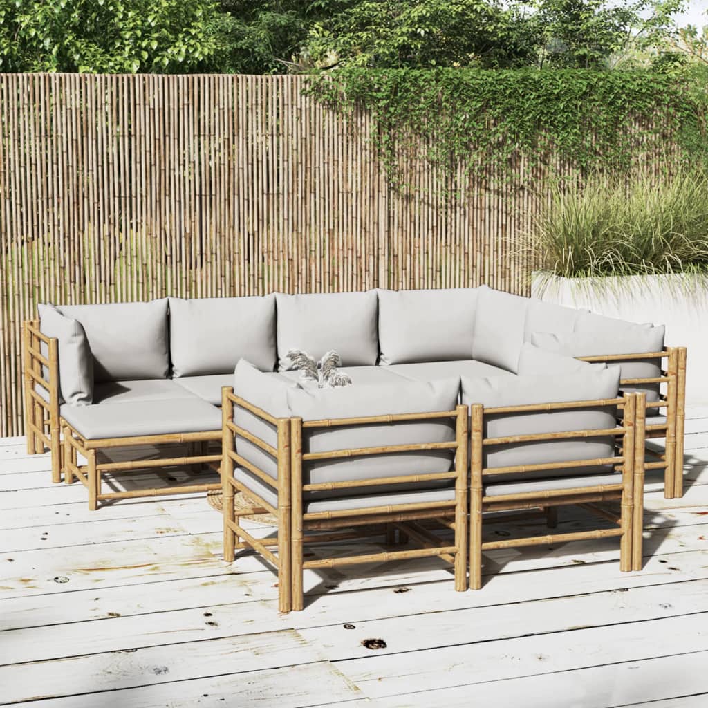 Ten Piece Bamboo Patio Lounge Set with Light Gray Cushions-0