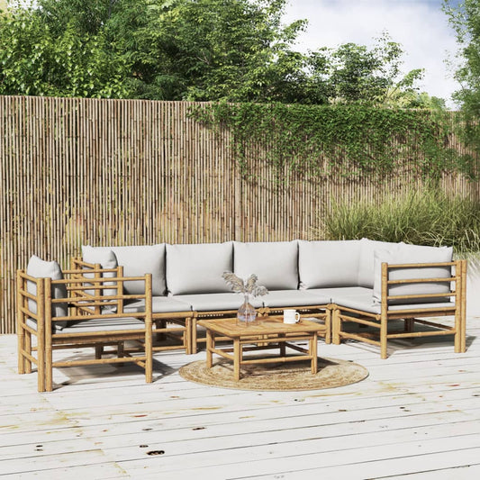 Seven Piece Bamboo Patio Lounge Set with Light Gray Cushions-0