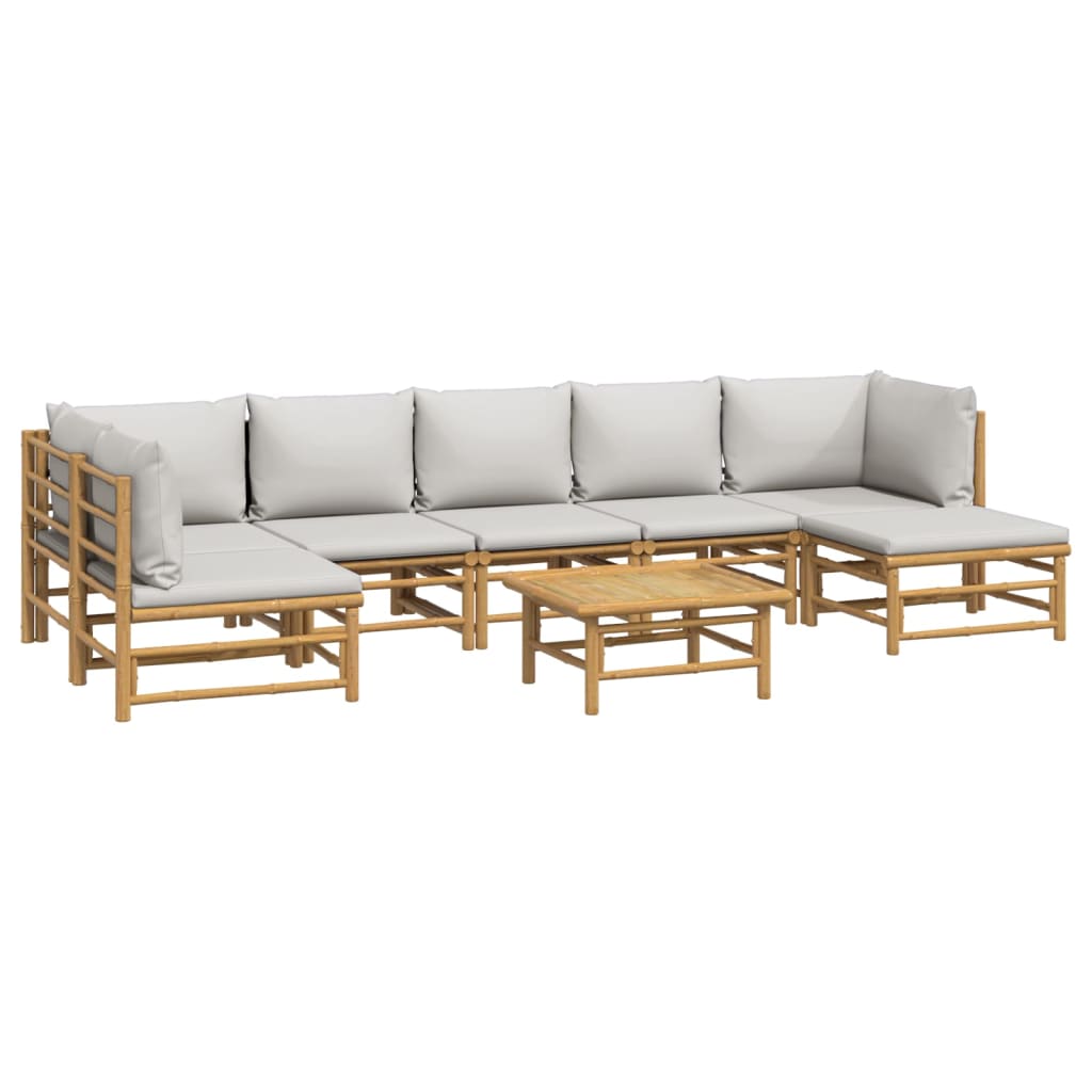 Eight Piece Bamboo Patio Lounge Set with Light Gray Cushions-1
