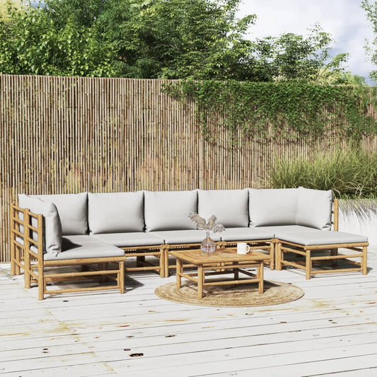 Eight Piece Bamboo Patio Lounge Set with Light Gray Cushions-0