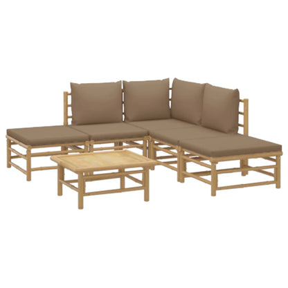 Six Piece Bamboo Patio Lounge Set with Taupe Cushions-1