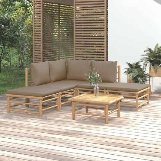 Six Piece Bamboo Patio Lounge Set with Taupe Cushions-0