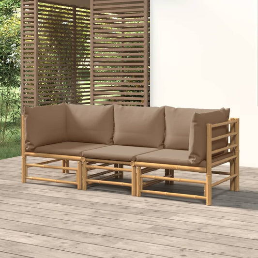 Three Piece Bamboo Patio Lounge Set with Taupe Cushions-0