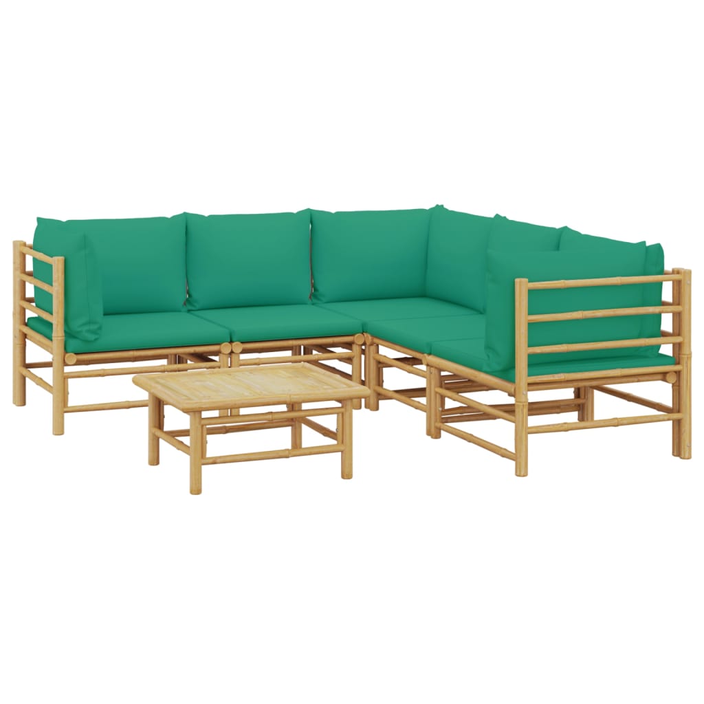 Six Piece Bamboo Patio Lounge Set with Green Cushions-1