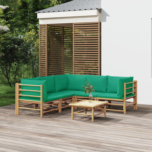 Six Piece Bamboo Patio Lounge Set with Green Cushions-0