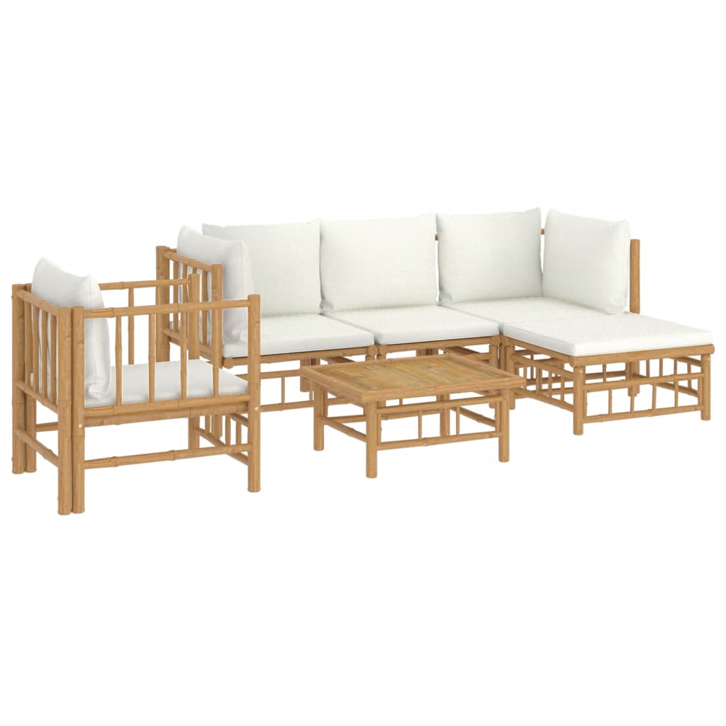 Six Piece Bamboo Patio Lounge Set with White Cushions-2