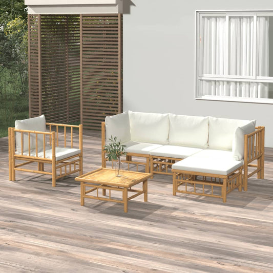 Six Piece Bamboo Patio Lounge Set with White Cushions-0