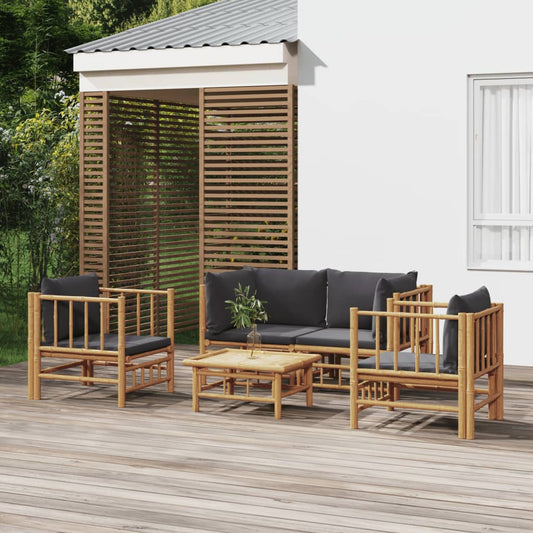 Five Piece Bamboo Patio Lounge Set with Dark Gray Cushions-0