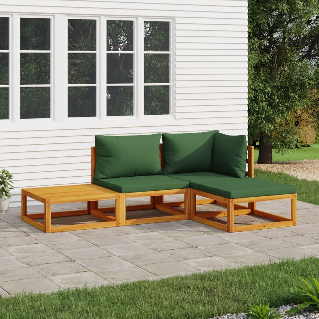Four Piece Acacia Patio Lounge Set with Green Cushions-0