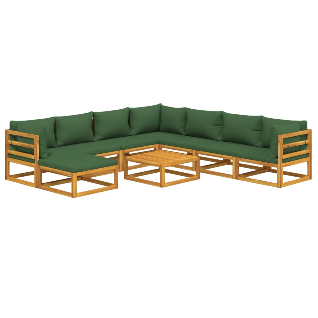 Nine Piece Acacia Patio Lounge Set with Green Cushions-1