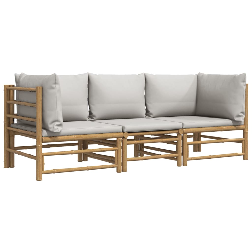 Three Piece Bamboo Patio Lounge Set with Light Gray Cushions-1