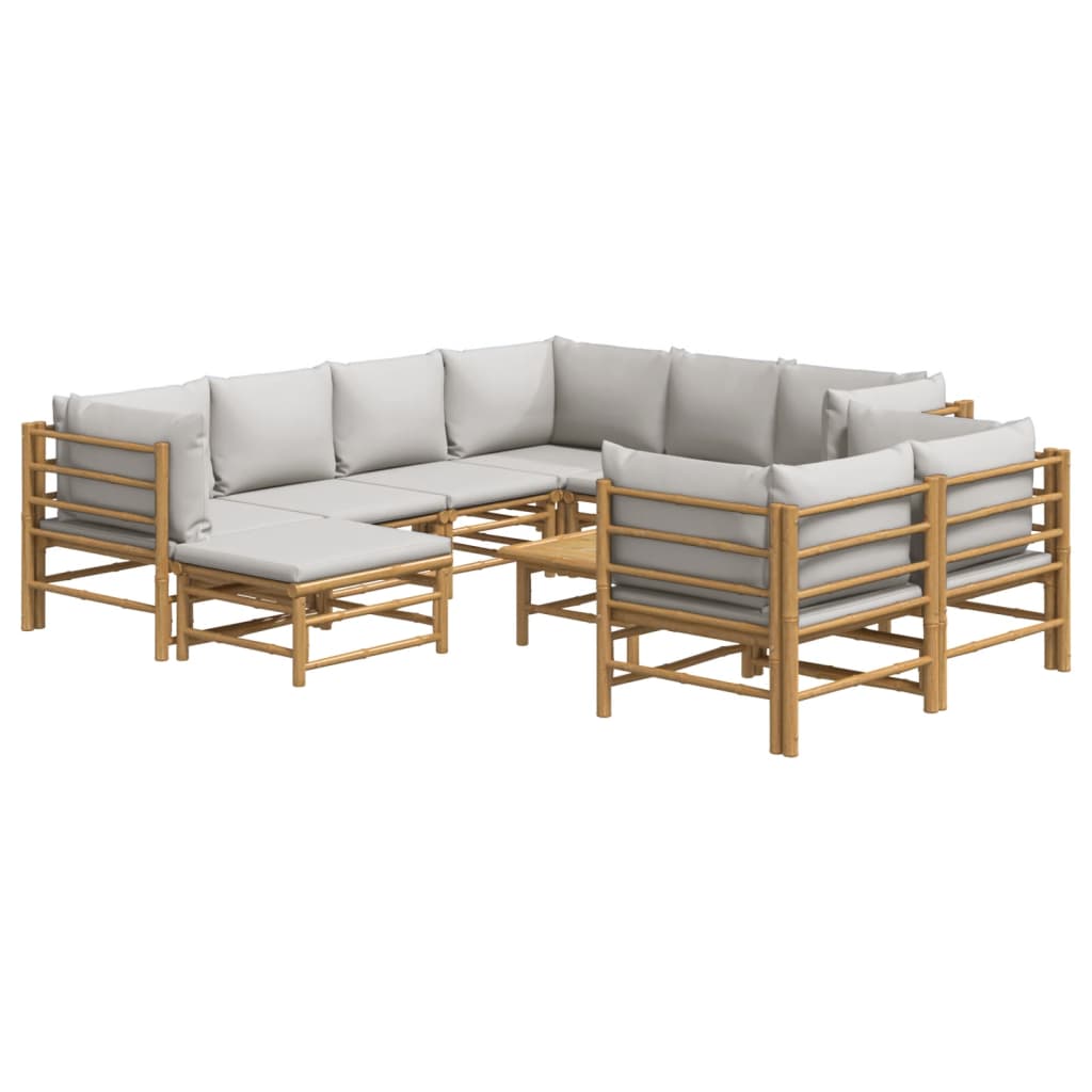 Ten Piece Bamboo Patio Lounge Set with Light Gray Cushions-1