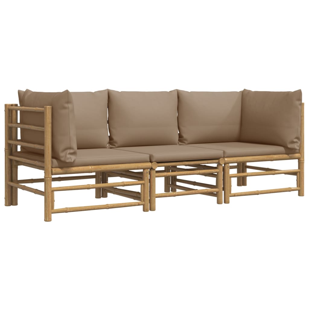 Three Piece Bamboo Patio Lounge Set with Taupe Cushions-1
