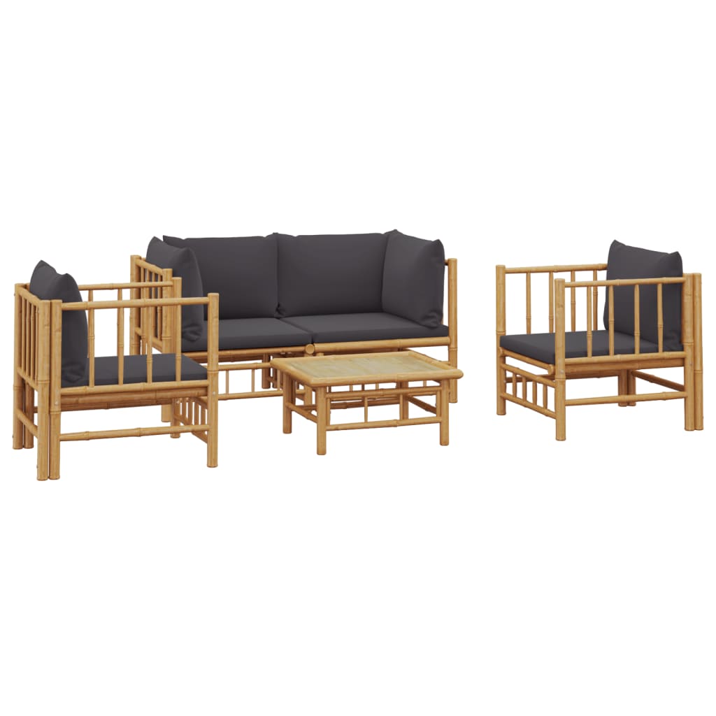 Five Piece Bamboo Patio Lounge Set with Dark Gray Cushions-1