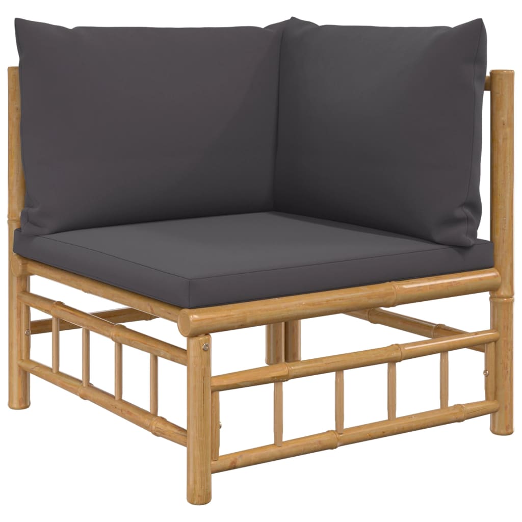 Five Piece Bamboo Patio Lounge Set with Dark Gray Cushions-2