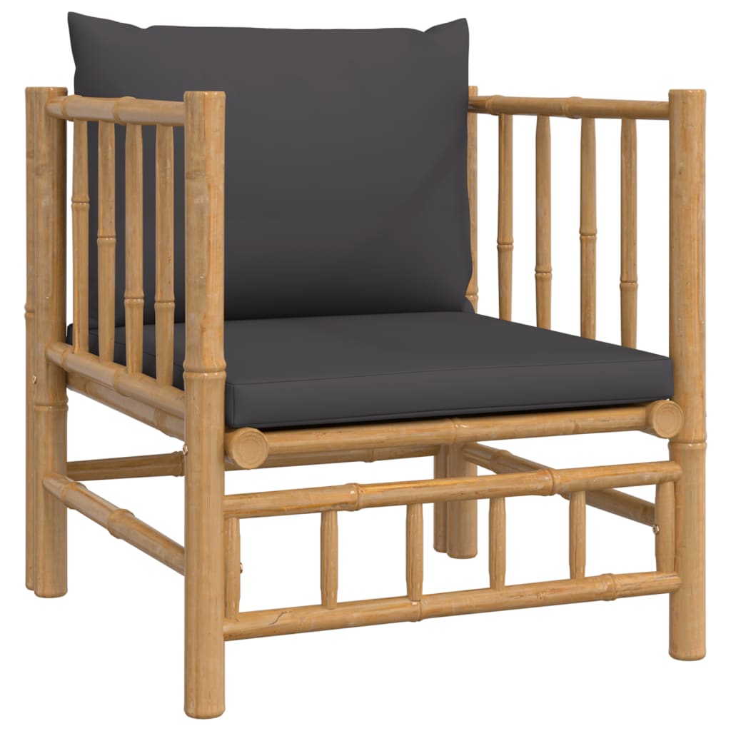 Five Piece Bamboo Patio Lounge Set with Dark Gray Cushions-3