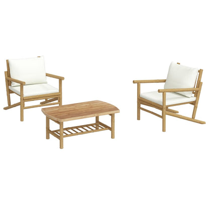 Three Piece Bamboo Patio Lounge Set with Cream White Cushions-1