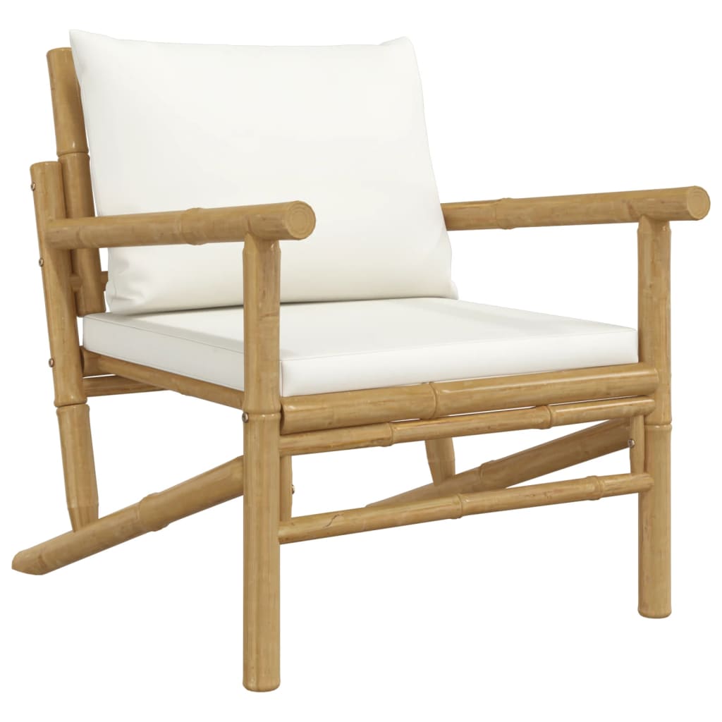 Three Piece Bamboo Patio Lounge Set with Cream White Cushions-2